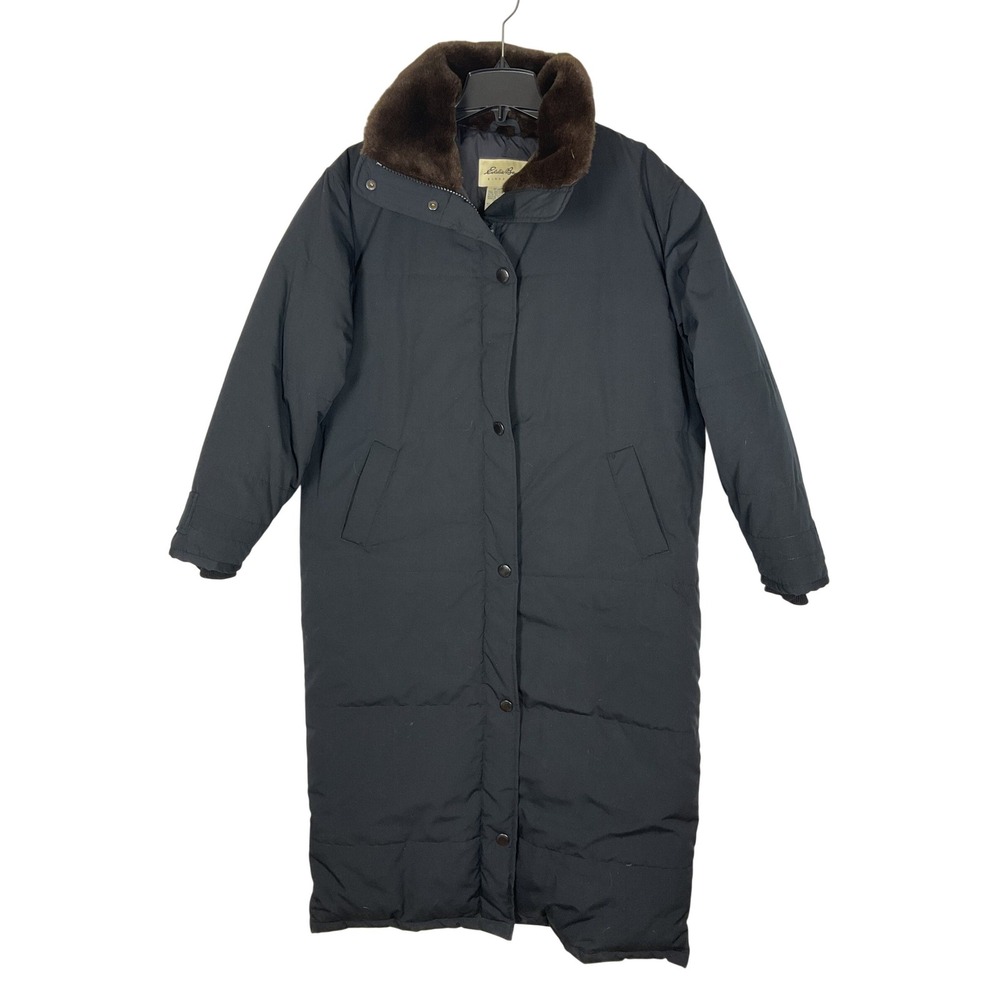 Eddie Bower Women's Long‎ Black Down Parka Faux Fur Neck No Hood Size Medium